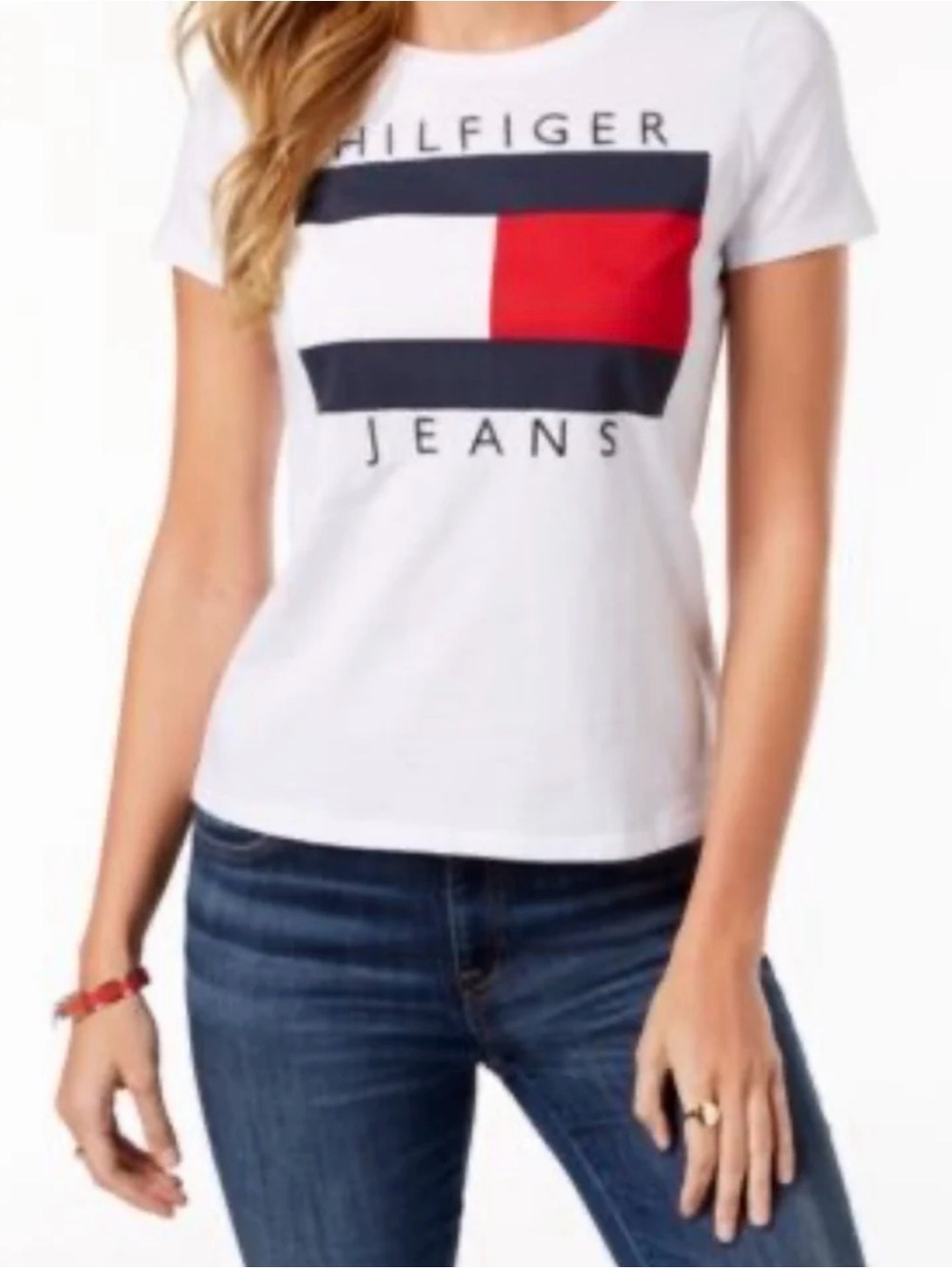 TOMMY HILFIGER LOGO GRAPHIC T-SHIRT WOMEN COTTON CREWNECK WHITE RED/BLUE SIZE 2X